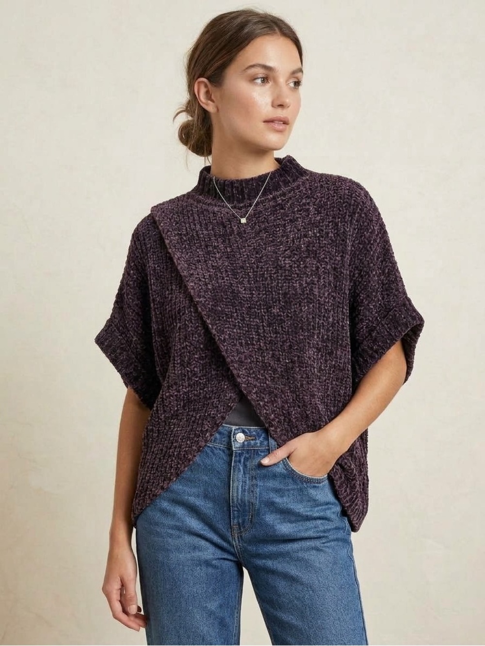 Elan Chenille Criss Cross Poncho Sweater in Deep Gray
